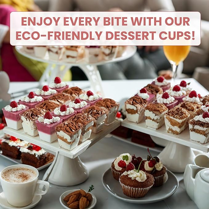 OTOB 300 Pack 5.4 oz Dessert Cups with Lids and Spoons | Serves 100 | Small Square Plastic Cake Pudding Cups, Mini Party Serving Cups for Parfait, Yogurt, Appetizers, Mousse, Dessert Shot Glasses Bowl