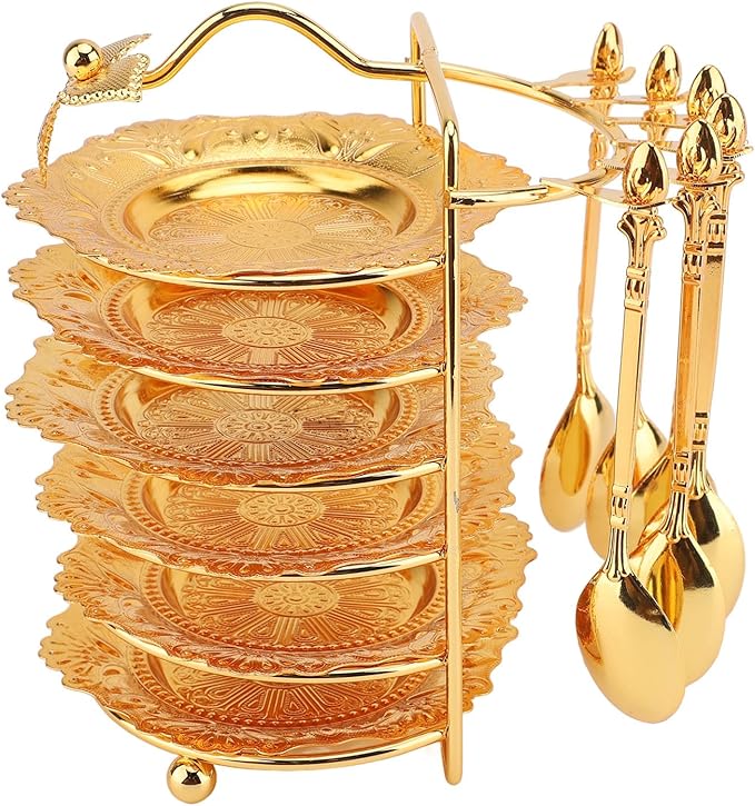 Zerodis European Style Food Plate, Zinc Alloy Snack Storage Platter Set with Spoon, Elegant Serving Tray for Steaks Pasta Fruits At Parties (Gold)