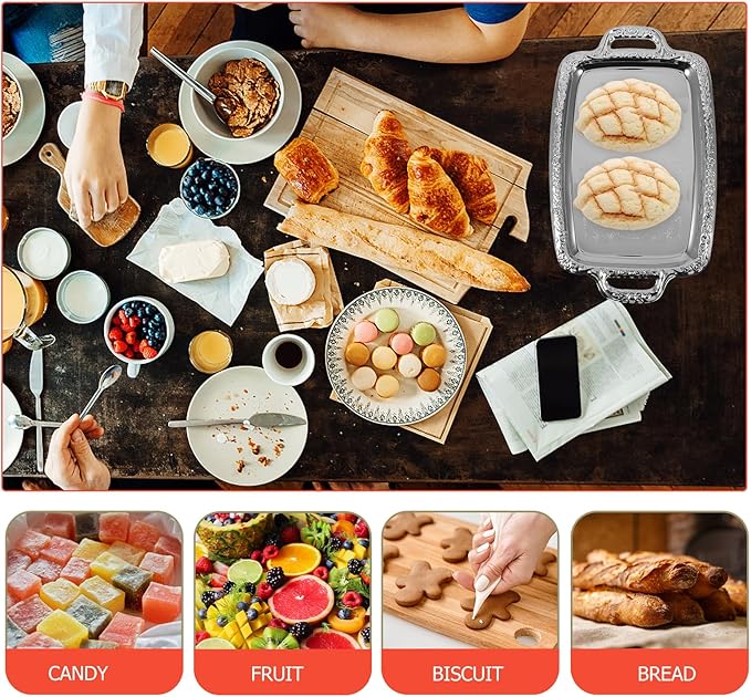 Cabilock Elegant Rectangular Silver Tray Mirrored Tray for Whiskey Decanter Candlesticks Vanity Perfume and Snack Bread Breakfast Fruit Serving Dish