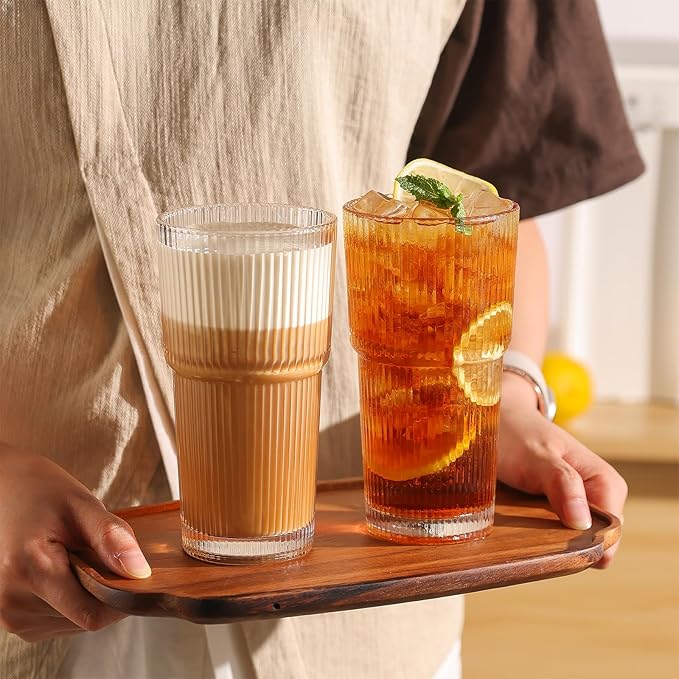 JUNDRUM Ribbed Drinking Glasses with Lids & Straws, Leak-Proof 20oz and 15oz Glass Cups, 8PCS Glass Tumblers, Ideal for Home, Office, Outdoor Use