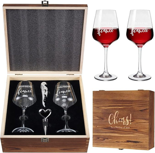 AW BRIDAL Engagement Gifts for Couples Wine Glasses Set, 2025 Fiance Gifts for Women and Newlyweds, Couple Gift for Mr Mrs and Bride to Be, Beer Mug with Wine Stopper for Wedding Engagement Party