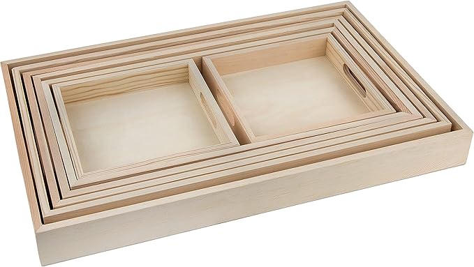 Wooden Serving Trays with Handles - 7 Piece Nested Breakfast Set - Perfect for Organizing, Bathroom, Party Buffet & Serving