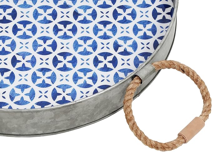 Round Serving Tray – Santorini Collection Set of 2 Decorative Trays – Blue and White Ottoman Tray with Natural Jute Handles – Galvanized Iron Trays for Coffee Table, Liquor Display, Decor