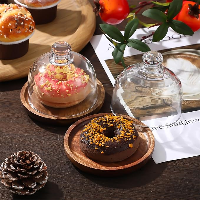 Amosfun Glass Dessert Dome Wooden Base Set - Mini Cake Stand Cake Serving Tray with 3 Inch Glass Dome Cover Birthday Wedding Party Dessert Serving Platter