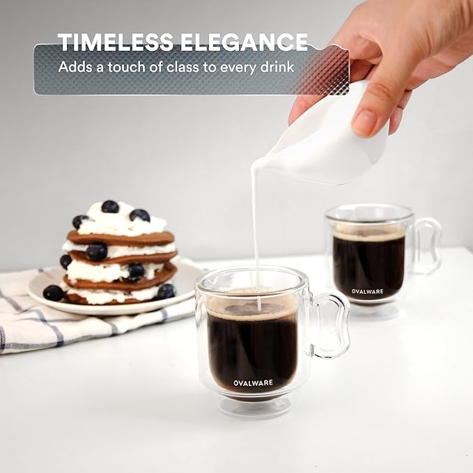 ovalware RJ3 Espresso Coffee Glass Cups 4oz/120ml (Set of 4) Double Walled w/Solid Butterfly Handle - Elegant Borosilicate Espresso Shot Mug - Stackable Insulated Transparent Demitasse Glass