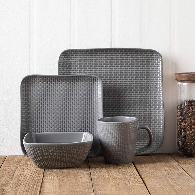 Stone Lain 16 Piece Stoneware Square Weave Dinnerware Set, Service for 4, Gray