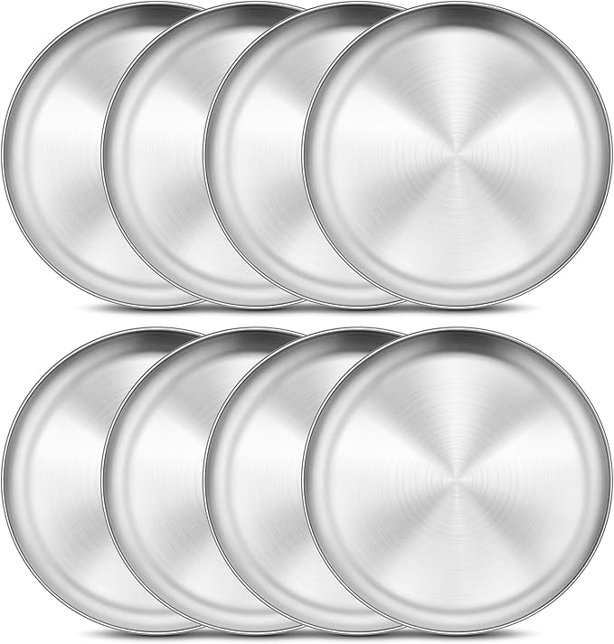 Onader 8-Piece 18/8 Stainless Steel Plates, 7.8 Inch 304 Metal Dinner Camping Plates, Kids Toddlers Round Serving Dishes, Dishwasher Safe