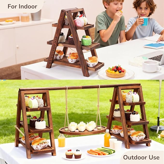 3-Tier Wooden Cupcake & Dessert Display Stand with Swing Frame – Rustic Torch-Finished Pine, Extra Wide 5.1" Trays, Pre-Assembled with Anti-Slip Pads, Party & Wedding Cake Holder