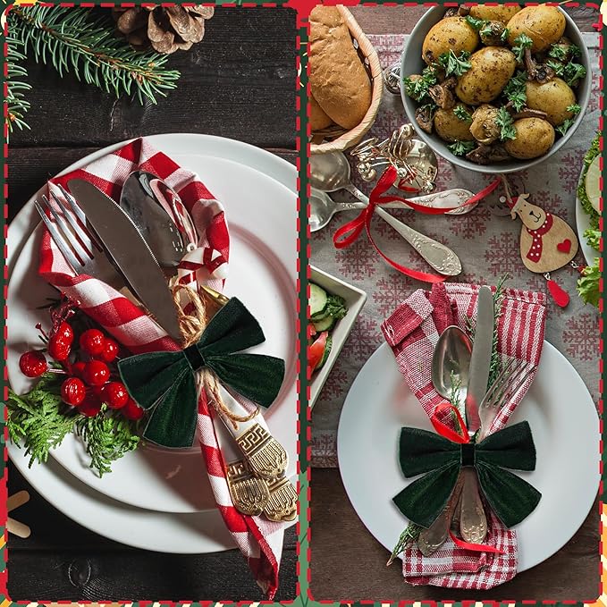 12 Pcs Green Christmas Bow Napkin Rings,Chic Xmas Velvet Napkin Ring Holders for Holiday Serviette Birthday Anniversary Party Dinner Wedding Dining Tableware Decoration