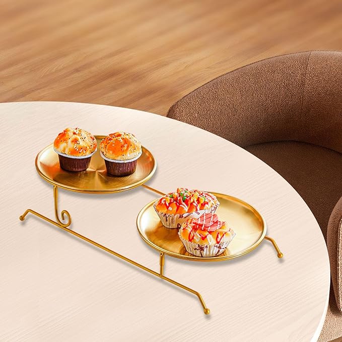 Fruit Tray, Tiered Serving Tray, Snack Tray, Plate Holder Made of Stainless Steel and Iron with an Elegant Two-Tiered Structure and Practical Design F, Gold