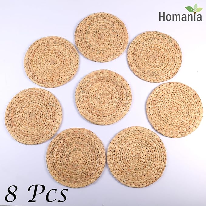 Table Mats Set Of 8, Heat Resistant Farmhouse Placemats Set Of 8, Boho Place Mats, Place Mats For Dining Tables, Wicker Chargers For Dinner Plates, Woven Placemats, Round Placemat 13.4 In