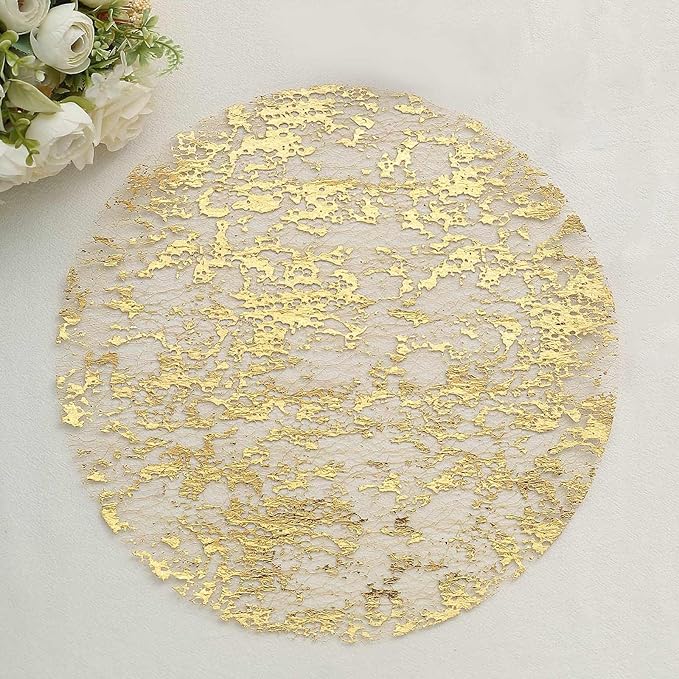 20 Pack 13" Metallic Gold Foil Placemats, Round Shiny and Durable, Disposable Mesh Table Mats for Dining and Parties