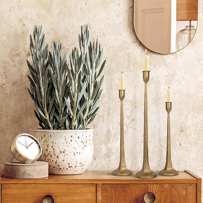 Iron Taper Candle Holder Set of 3 - Decorative Tall Candle Stand, Candlestick Holder for Wedding, Dining Table, Party Decoration (Antique Brass)