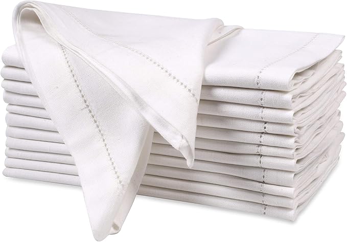 Ramanta Home White Cloth Dinner Napkin Set of 12-20x20 Inch, Premium Cotton Linen Flax Hemstitched Napkins, Soft Durable Washable for Everyday Use Thanksgiving Christmas Parties Halloween