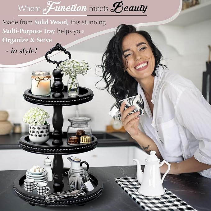 [3-in-1] Wooden Tiered Tray Stand - Beaded 3 Tiered Tray Decor Wood Cupcake Stand for Farmhouse Country Rustic Home - 3 Tier Stand [with 3 Changeable Handles] by Felt Creative Home Goods (Black)