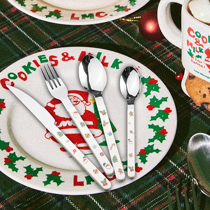 Christmas Flatware Kitchen Utensil Reusable Food Serving Utensils Stainless Steel Flatware Xmas Cutlery for Kitchen Christmas, Fork Knife Spoon Set