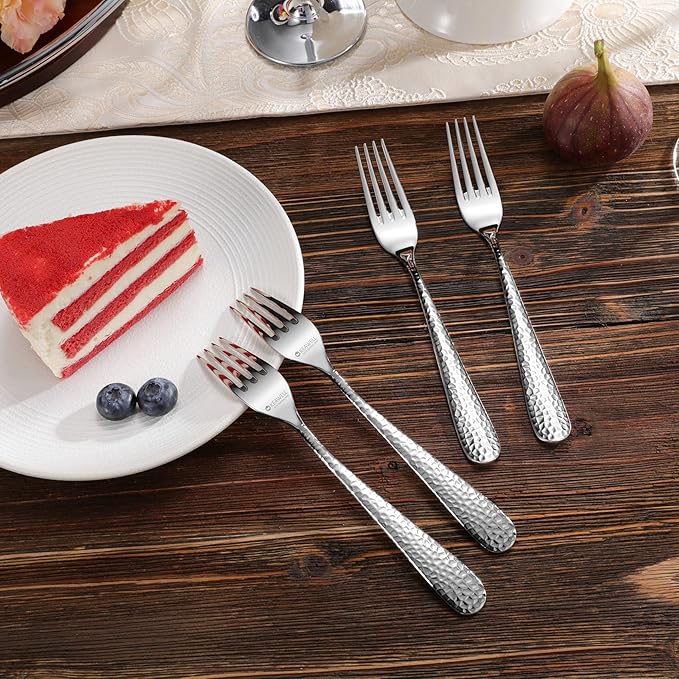 KEAWELL Premium 4-Piece Louise Hammered Fork Set, 18/10 Stainless Steel, Fine Fork Set with Round Edge, Brightly-Mirror polished, Dishwasher Safe. (4, 7.28" Salad Forks)