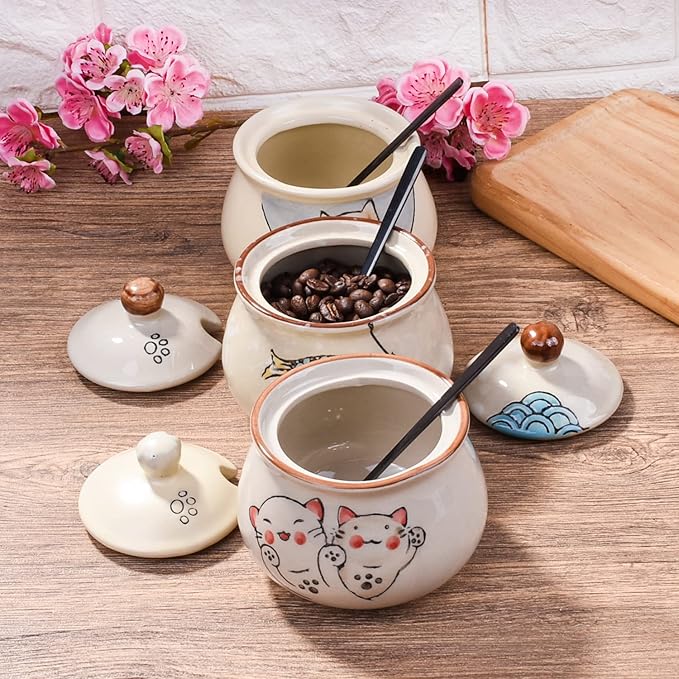 Ceramic Sugar Bowl with Lid and Spoon, Japanese Sugar Bowl with Spoon and Lid (Style 2)
