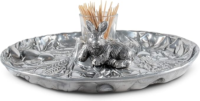 Arthur Court Aluminum Metal Rabbit Bunny Pattern Tidbit Cheese Hors d'oeuvres Tray with Glass for Toothpick - Durable Metal Silver Easter Entertaining 10.5 inch Diameter x 2.5 inch Tall
