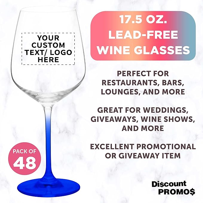 Custom Crystal Wine Glasses 17.5 oz Set of 48, Personalized Bulk Pack - Restaurant Glassware, Perfect for Red Wine or White Wine - Blue