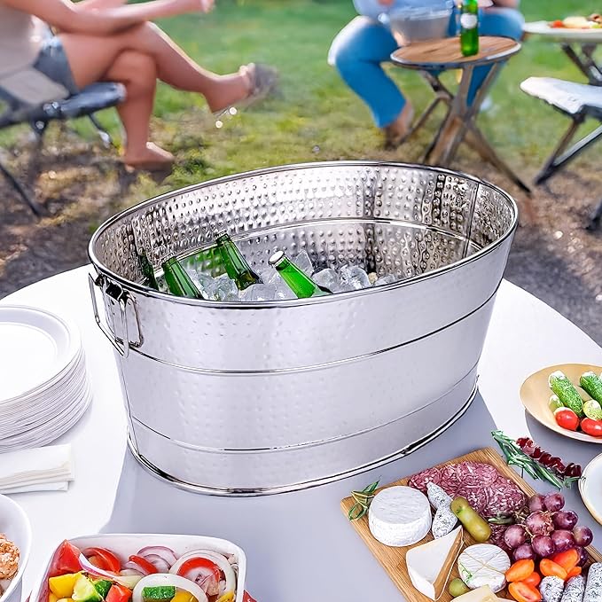 BREKX Aspen Heavy-Duty Oval Stainless Steel Drink Cooler for Parties - Metal Large Ice Bucket for Drinks, 25-Quart (30-Bottle) Large Cooler Ice Container for Parties, Leak Resistant