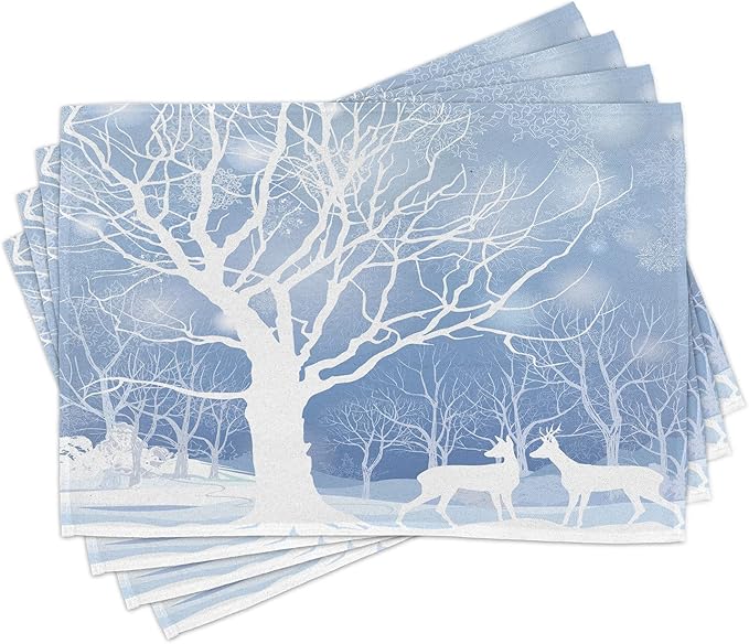 Ambesonne Winter Place Mats Set of 4, Abstract Winter Imagery with Snowy Weather Deer and Other Animals Seasonal Theme, Washable Fabric Placemats for Dining Table, Standard Size, Baby Blue