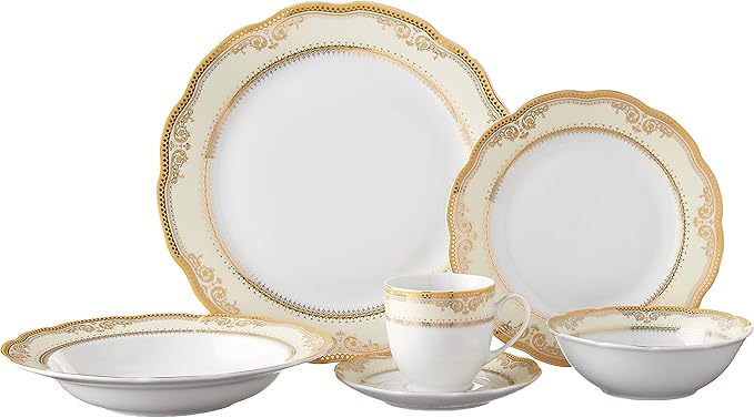 Lorren Home Trends Isabella-24 24 Piece Isabella Design Porcelain Wavy Edge Dinnerware Set, White