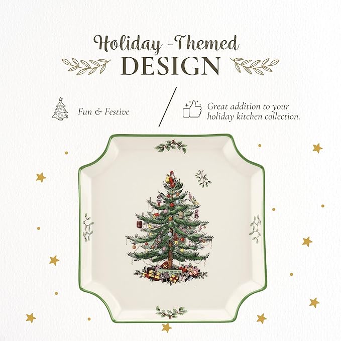 Spode Christmas Tree Canape Plate - 8" Holiday Serving Dish for Appetizers, Desserts, Treats - Fine Porcelain with Green Border, Dishwasher Safe - Ideal Christmas Tableware