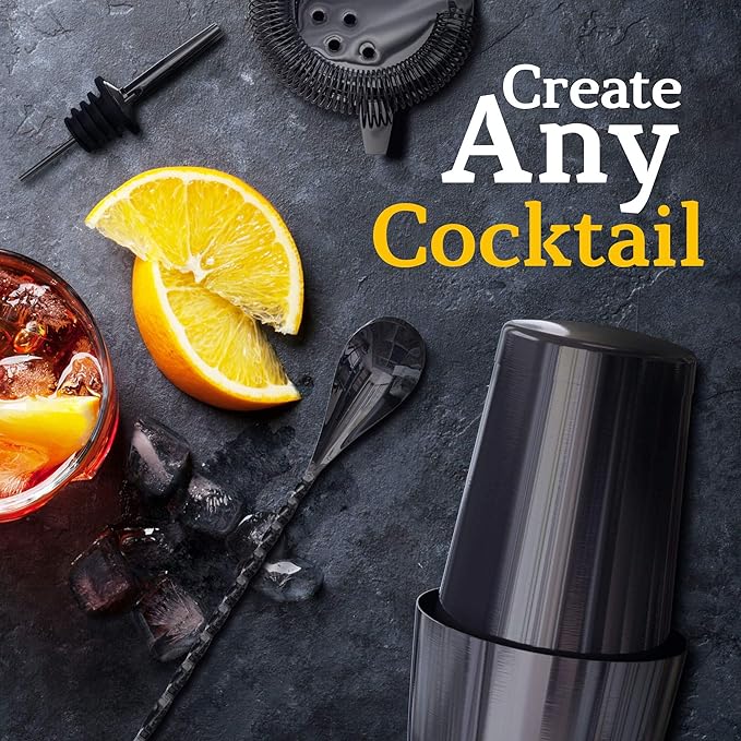 Highball & Chaser 13-Piece Gunmetal Black Stainless Steel Boston Cocktail Shaker Bar Tool Set with Mixology Bartender Kit Accessories