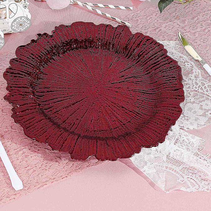 13" Charger Plates - Set of 12 - Acrylic Burgundy Round Reef Disposable Chargers, Ideal for Dinner Party Wedding Holiday Bulk Events