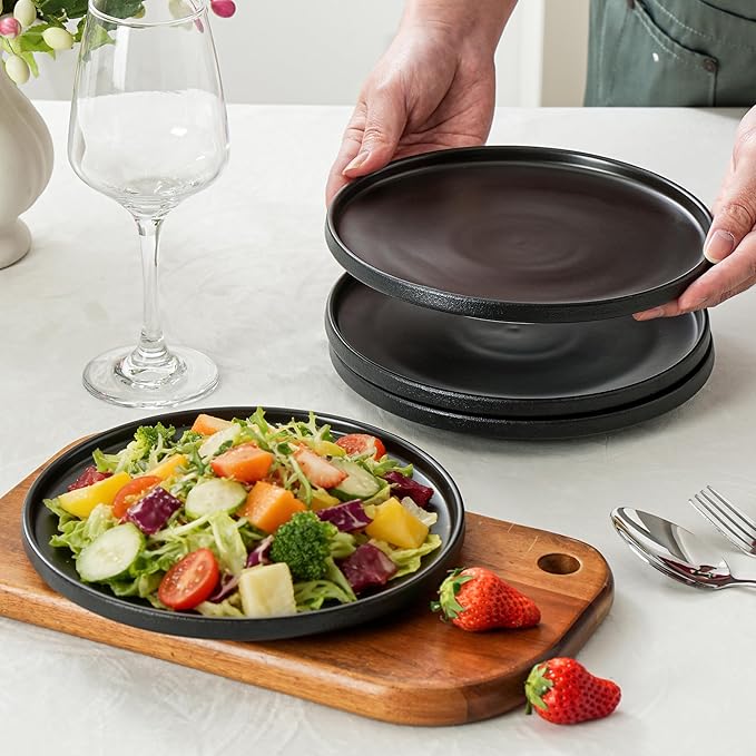 Salad & Dessert Plates, 8 Inch Small Dinner Plates Sets for 4, Dishwasher & Microwave Safe, Porcelain Dinner Dishes for Cake, Fruits, Waffle, Pasta, Salad, Modern Black