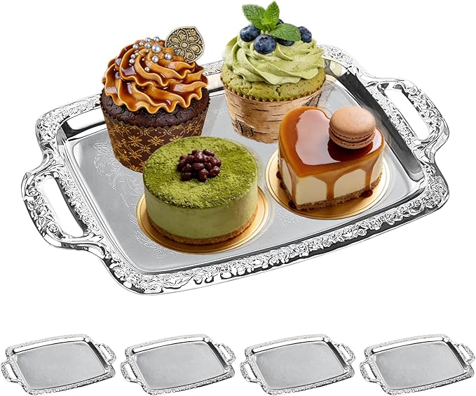 4-Pack Silver Serving Tray - Stainless Steel Platter with Handles Mirror Finish Silver Plates for Appetizers, Cookies, Charcuterie, Party Food Display & Home Decor