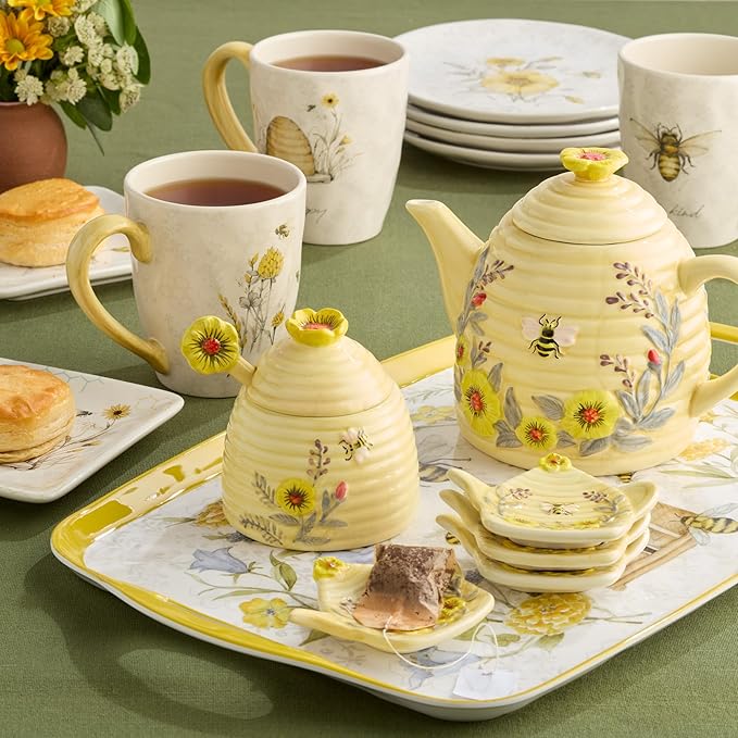 Bee Sweet 6" Canapé & Luncheon Plates, Set of 4 – Assorted Bee & Floral Designs with Uplifting Sayings, Durable Ceramic Appetizer Plates for Spring Entertaining & Cottagecore Décor |(Pack of 3)