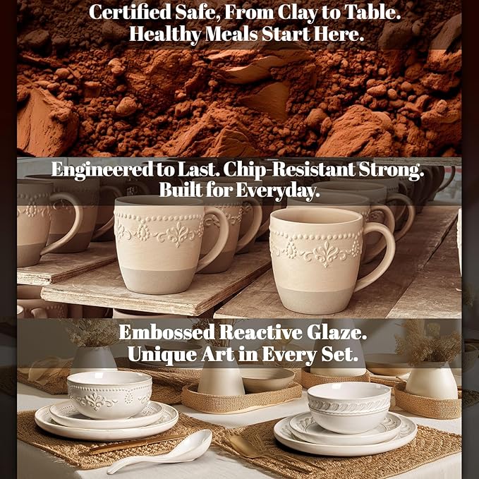 Artena Plates And Bowls Sets, 16 Pieces Dinnerware Sets, Dish Set For 4, Ceramic Kitchen Bowl And Plate Set, Embossed White Dishware Sets, Dishwasher & Microwave Safe (Willow Leaf)