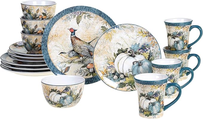 Harvest Gatherings 16-Piece Ceramic Dinnerware Set, Service for 4 – Multicolor Fall Plates, Bowls & Mugs with Pumpkin & Pheasant Design – Autumn Tableware for Thanksgiving, Cabin & Holiday Hosting