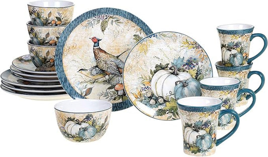 Harvest Gatherings 16-Piece Ceramic Dinnerware Set, Service for 4 – Multicolor Fall Plates, Bowls & Mugs with Pumpkin & Pheasant Design – Autumn Tableware for Thanksgiving, Cabin & Holiday Hosting
