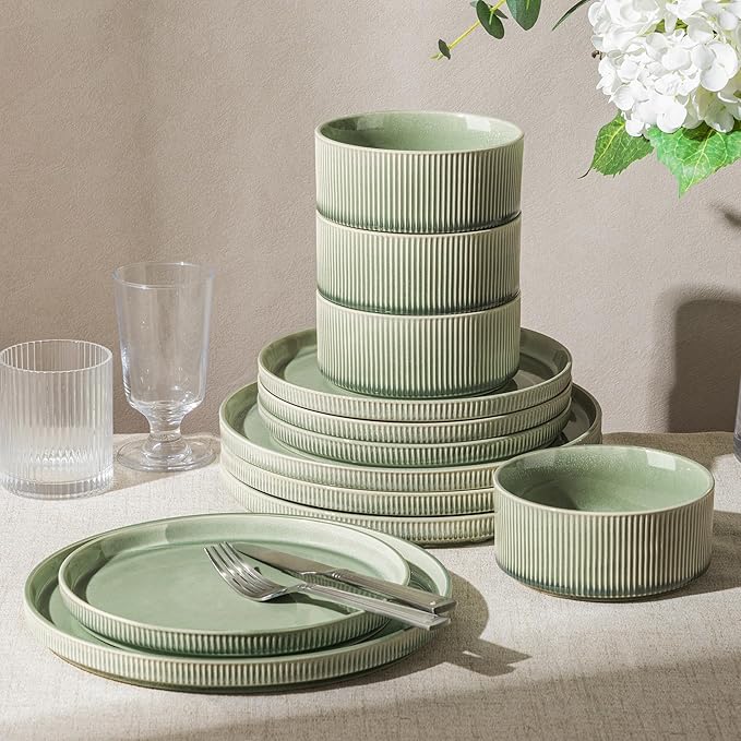 GBHOME 12-Piece Stoneware Dinnerware Set for 4 – Ribbed Ceramic Plates and Bowls, Scratch-Resistant, Microwave & Dishwasher Safe, Reactive Glaze, Light Green
