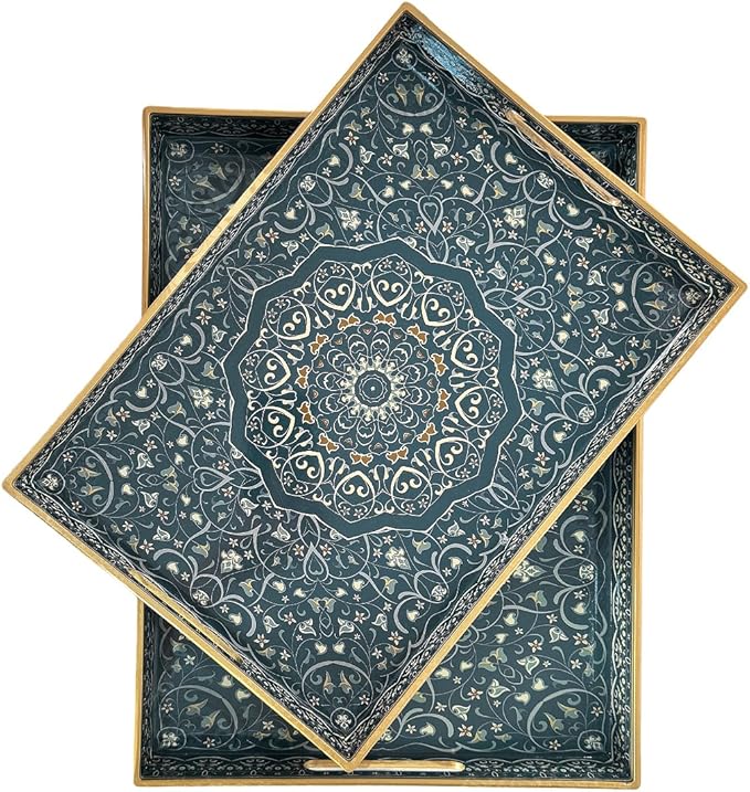 Decorative Tray, Blue Serving Tray with Handles, Set of 2, Plastic Coffee Table Tray for Living Room, Ottoman, Bathroom, Kitchen, Decor, Large 15.7”*11.8”, Small 13.7"*9.8"