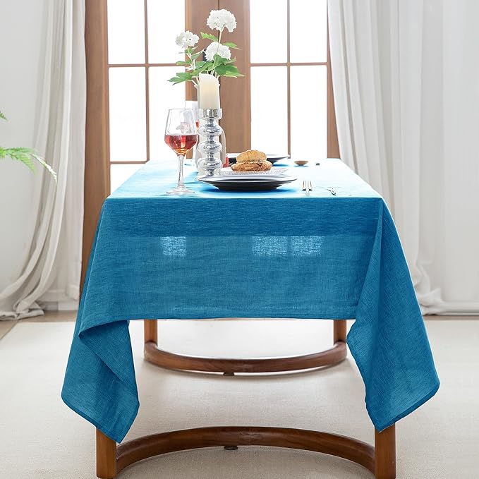 EVERLY 100% Pure Linen Rectangle Tablecloths 60x108Inches for Dining,Buffet Parties,Picnic,Events,Weddings and Restaurants,Decorative Halloween,Thanksgiving Machine Washable Tablecloths-Blue