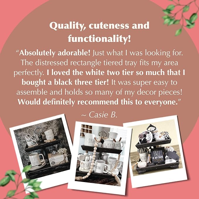 Felt Creative Home Goods Rectangle Rustic Wood Two Tiered Tray, 2 Tier Serving Tray for Coffee Bar, Kitchen Counter, Dining Room Table, Cupcake Stand, Holiday and Farmhouse Decor (Rustic Black)