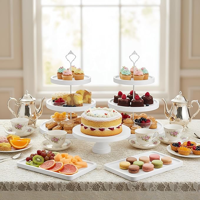 7 Pcs Wood Dessert Table Display Set Wooden 3 Tie Cupcake Stands Rustic Round Cake Stand Wood Dessert Serving Trays for Christmas Party Baby Shower Wedding Birthday(White)