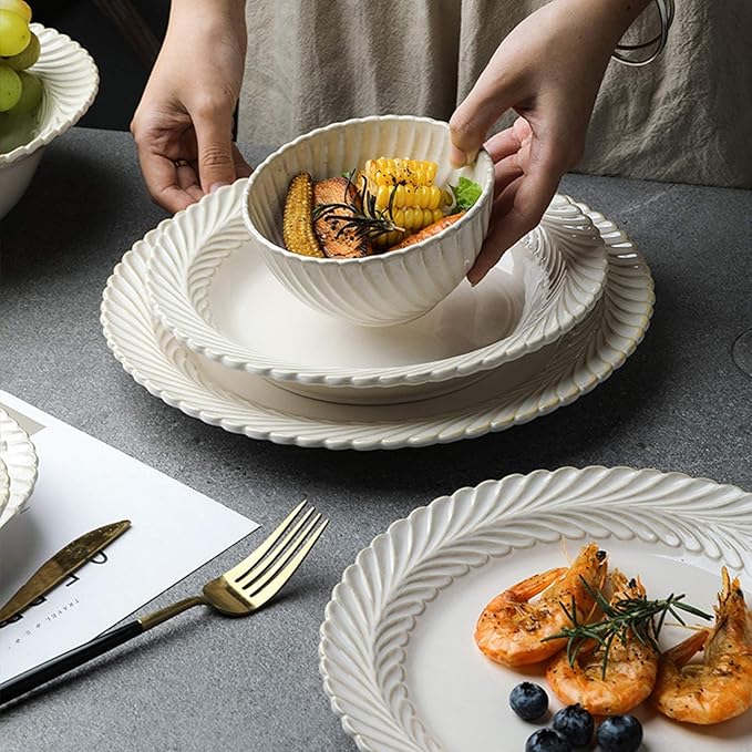 New Dinnerware Sets,Ceramics Dinner Sets, 25 Pieces White Glaze Porcelain Dinnerware Set| Retro Relief Cereal Bowl and Steak Plate Set