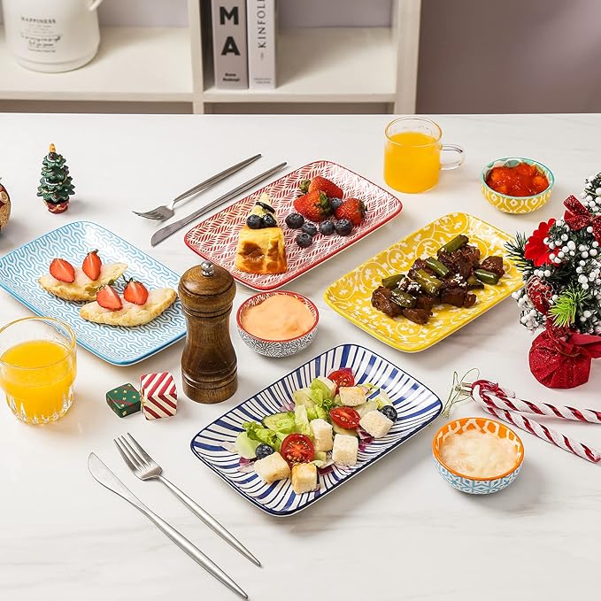 KitchenTour Rectangular Serving Platter, 8 inch Ceramic Dinner Plates Serving Trays Set of 6 for Salad, Appetizers, Sushi, Fruit, Microwave and Dishwasher Safe
