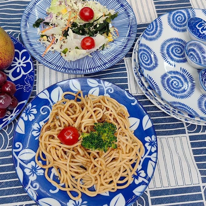 8 Inch Ceramic Dessert Salad Appetizer Pasta Steak Pancake Fruit Dinner Plates Set of 6, Premium Gift for House Warming, Birthday, Microwave/oven/Dishwasher Safe, Vintage Blue, Japanese Style