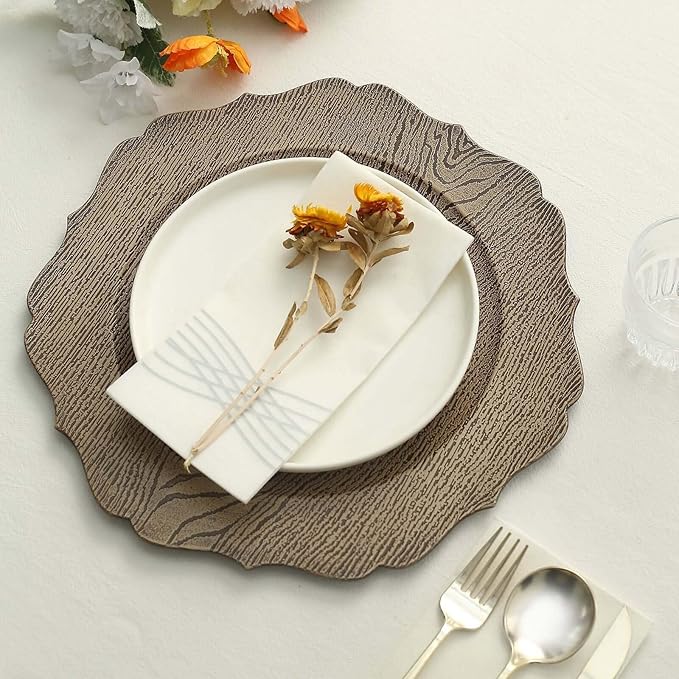 Efavormart 6 Pack | 13" Rustic Natural Wooden Textured Acrylic Charger Plates With Scalloped Rim