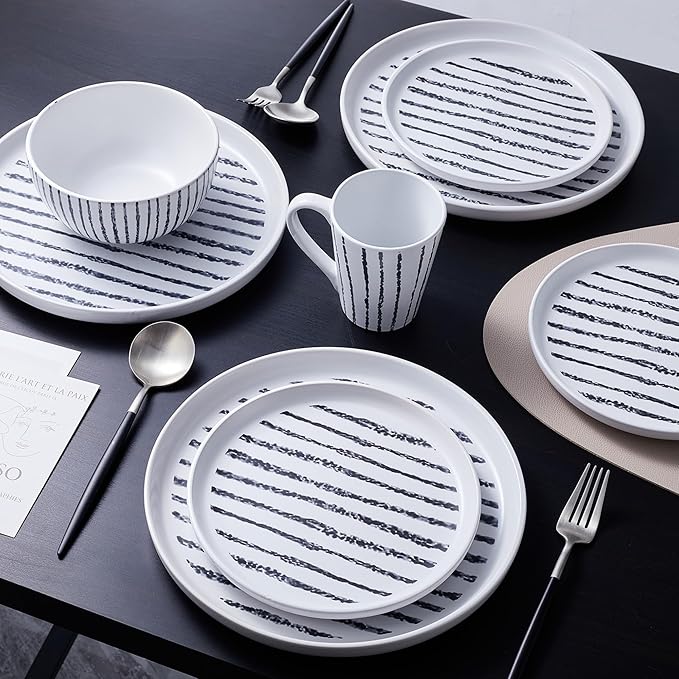 Stone Lain Nova Modern Stoneware Dinnerware Set, Plates and Bowls Set, 16-Piece Dish Set Service for 4, Black