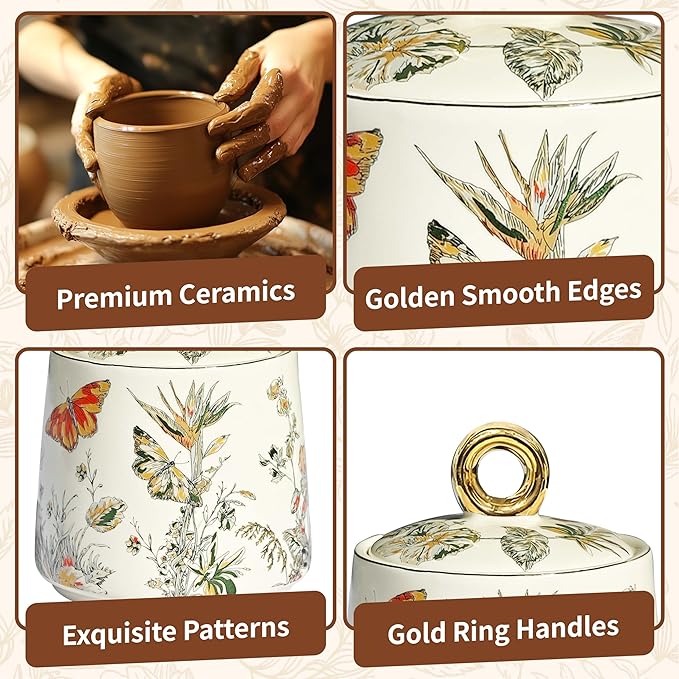 JUSONEY Ceramic Sugar Bowl with Lid and Spoon with Floral Pattern, Gold Trim - 7.5oz Elegant Sugar Jar with Lid and Spoon, Nordic Style for Kitchen, Dining, Cafe, Gift Idea (B)