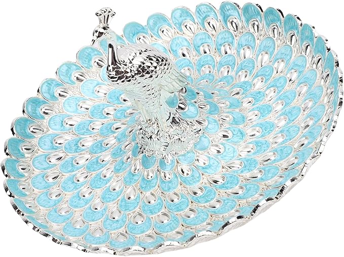 Asixxsix Decorative Serving Tray, Zinc AlloyPeacock Shape Fruits Serving Tray Candy Dish Cookie Storage Bowl, Jewelry Tray Ring Holder, Jewelry Organizer Trinket Holder for Wedding (Silver Light