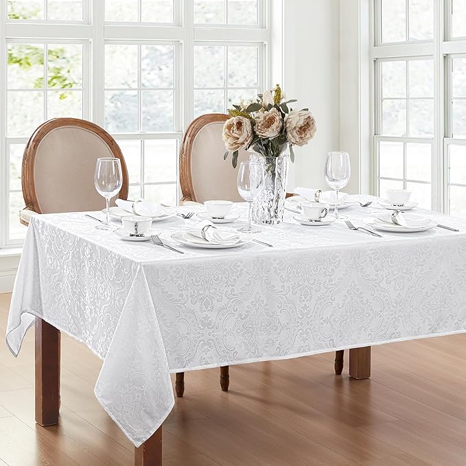 Elrene Home Fashions Caiden Elegance Damask Waterproof, Stain & Wrinkle Resistant Fabric Tablecloth, 52" x 52" Square, White