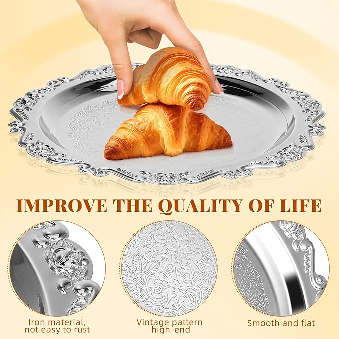 VOSAREA 2pcs Vintage Jewelry Serving Tray and Snack Dessert Plate, Decorative Metal Tray for Home Decor, Family Gatherings, Parties, Iron Jewelry Storage Dish